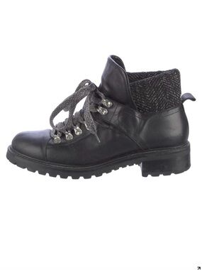Barneys New York Black Leather Combat Boots with Gray Knit Collar